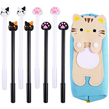 SATINIOR 8 Pieces Kawaii Gel Ink Pen with Large Capacity Cute Cat Cloth Zipper Pouch Pencil Case 0.38 mm Ball Point Black Gel Ink Set for School Office Supplies