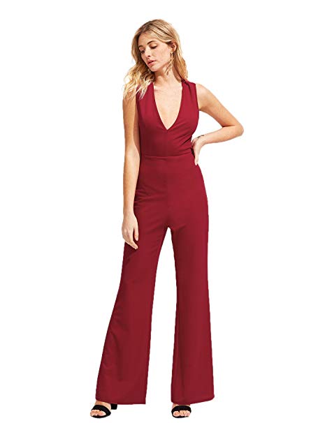 MAKEMECHIC Women's Sexy Deep V Neck Sleeveless Wide Leg Loose Jumpsuits Rompers