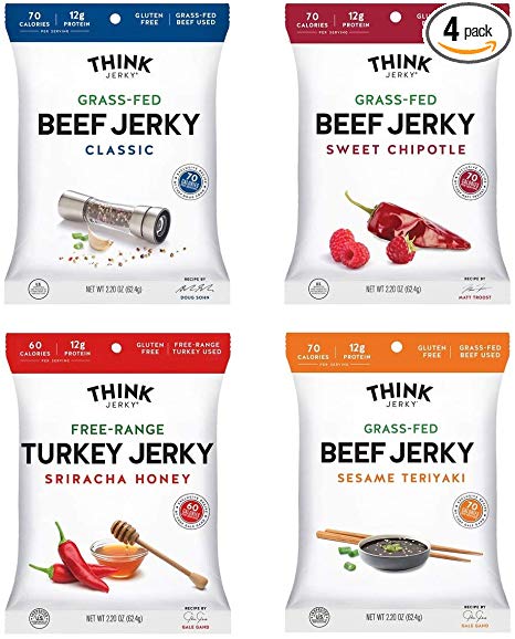 Think Jerky – Variety Pack, 100% Grass-Fed Beef Jerky and Free-Range Turkey Jerky, Low Calorie, Low Carb Snacks, Gluten-Free, Healthy, 2.20 Ounce (4 Count)