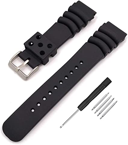 Narako Black Silicone Rubber Curved Line Watch Band 20mm 22mm 24mm Fit for Seiko Watches Extra Long Replacement Divers Model Sport Watch Strap for Men and Women