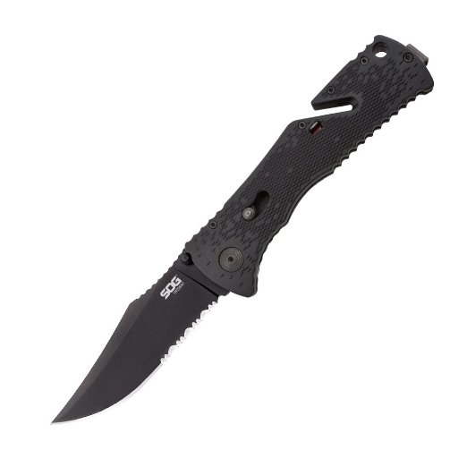 SOG Specialty Knives & Tools TF1-CP Trident Knife with Partially Serrated Assisted Folding 3.75-Inch Steel Blade and GRN Handle, Black TiNi Finish