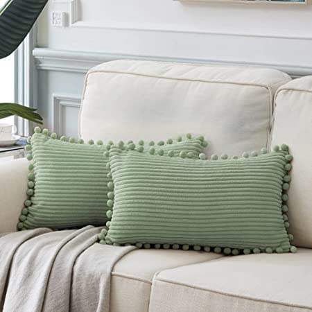 Fancy Homi Pack of 2 Sage Green Lumbar Decorative Throw Pillow Covers with Pom-poms, Soft Corduroy Solid Rectangle Cushion Cases Set for Couch Sofa Bedroom Car Living Room (12x20 Inch/30x50 cm, Green)