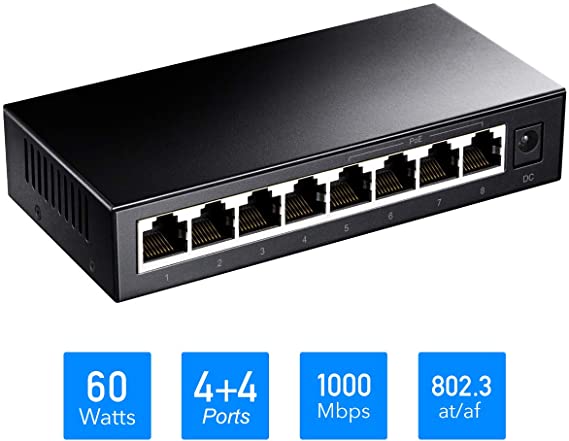 Cudy GS1008P 8-Port Gigabit Ethernet Unmanaged PoE  Switch 60W, 4 x10/100/1000Mbps PoE Ports @ 60 Watts, 802.3af/802.3at, Desktop and Wall mounting, Steel case