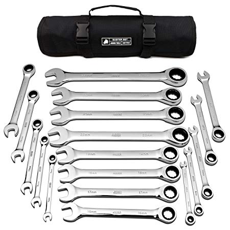 18pc MM/Metric TIGHTSPOT Ratcheting Wrenches MASTER SET - With BEAR KEEPER Rollup Case - Our standard in safety for combination wrench sets from gear to tip