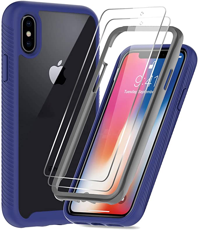 LeYi Compatible for iPhone X Case, iPhone Xs Case with Tempered Glass Screen Protector [2 Pack], Full-Body Shockproof Hybrid Bumper Clear Protective Phone Cover Cases for iPhone X/XS, Navy Blue