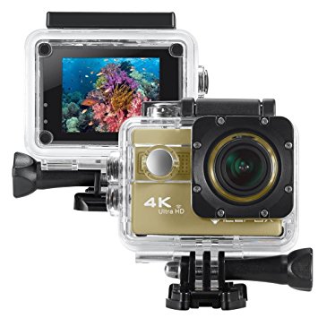 icefox ® Action Camera 4k, Underwater 30M Helmet Camera with 170° Wide-angle Sony Lens, WIFI Remote Control , 2.0" Display, 1080P HD Recording for Diving, Motorbike, Surfing, Boating and Skiing (Gold)