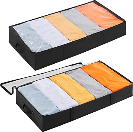 Lifewit Under Bed Storage Bag Organizer with Reinforced Handle Thick Fabric Clear Window Large Capacity Foldable Underbed Storage Container for Clothes Blankets Set of 2 Organization and Storage, Black