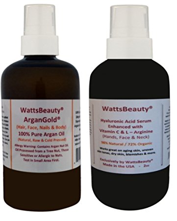 WattsBeauty ArganGold 100% Pure Virgin Argan Oil 2oz + WattsBeauty Hyaluronic Acid Enhanced with Vitamin C and L Arginine Face Serum 2oz - Used Together, These 2 Popular Products Enhance Effectiveness for Maximum Results - Works Wonders on Dull, Dry, Aging Skin, Wrinkles, Scarring, Fine Lines, Age Spots, Uneven Skin Tone, Blemishes & Much More - Combo Set