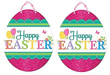 Tiaronics 2Pack Double Sided Glitter Egg-citing Easter Sign Easter Hanging Decorations Eggs Ornaments Tree Kitchen Yard Sign (Easter)