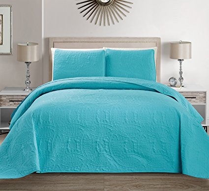 MK Home 3-Piece Solid Embossed King/California king (118-Inch-by-106-Inch) Bedspread Cover, Baby Blue/Turquoise