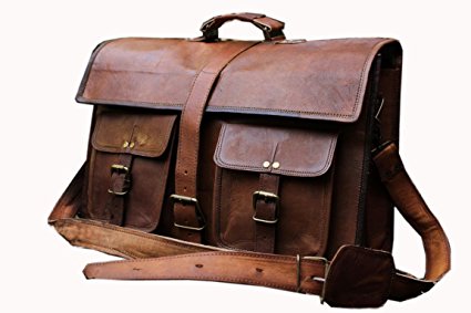handolederco. 18" Inches Classic Adult Unisex Cross Shoulder 100% Genuine Leather Messenger Laptop Briefcase Bag Satchel Brown