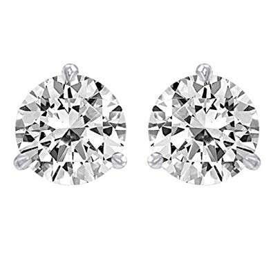 1 Carat Solitaire Diamond Stud Earrings 18K White Gold Round Brilliant Shape 3 Prong Screw Back (I-J Color, I1 Clarity)