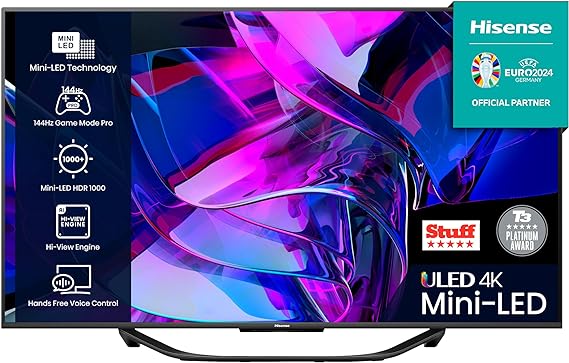 Hisense 55 Inch 144Hz ULED Mini-LED Smart TV 55U7KQTUK - 144Hz VRR, HDMI 2.1, Quantum Dot Colour, Dolby Vision IQ, VIDAA Smart TV, and Youtube, Freeview Play, Netflix and Disney  (2023 New Model)