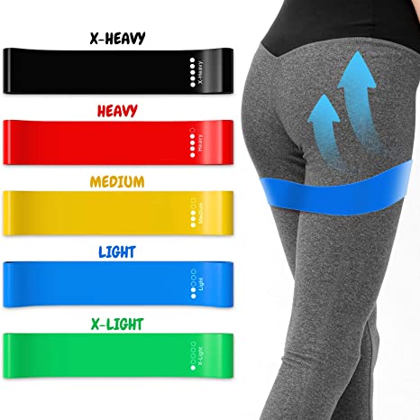 Resistance Exercise Bands, Set of 5 Fitness Bands Perfect for Legs and Butt Yoga Crossfit Strength Training Pilates with Instruction Guide, Carry Bag
