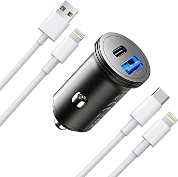 Everdigi iPhone Car Charger, 38W/3A USB C Car Charger Fast Charge, Dual-port QC3.0 Mini Cigarette Lighter Adapter and 2Pack 1M Lightning Cables,Compatible with iPhone13/12/11/XR/X/8/7/6,iPad Pro/Air