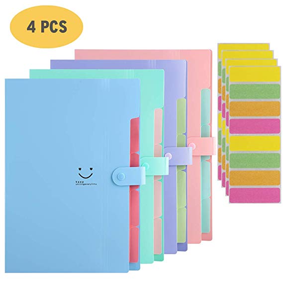 Placstic Expanding File Folders Accordion Document Organizer, 4 Pack A4 Letter Size Snap Closure 5 Pockets Paper Organizer Set with 32Pcs File Folder Labels for School Office Home