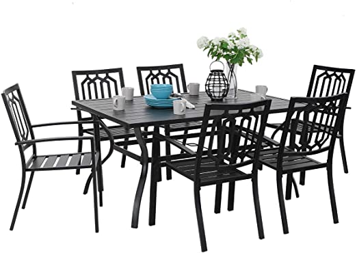 PHI VILLA Outdoor Patio Dining Set 7 Piece with Rectangular Table and 6 Bistro Chairs - Black