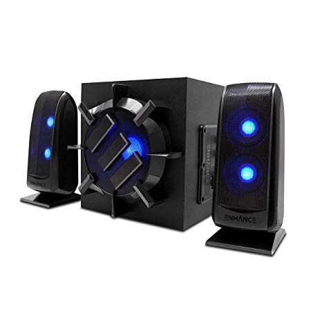 ENHANCE 2.1 Computer Speaker System with Powered Subwoofer - 80W Peak, LED Satellite Speakers, AC Wired Connection, Volume and Bass Control - Compatible with Gaming PC, Desktop, Laptop