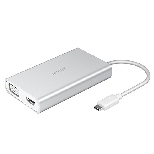 AUKEY USB C Hub HDMI , VGA , Ethernet , 2 USB 3.0 Ports and USB C Power Delivery Throughput Port for MacBook Pro 2016 , Samsung Galaxy S8 and other USB C Laptops