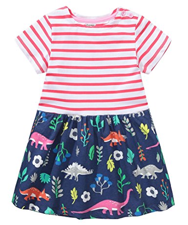 Fiream Girls Dresses,Short Sleeve Summer Cotton Striped Cute Print Pattern Casual Dress for Toddler