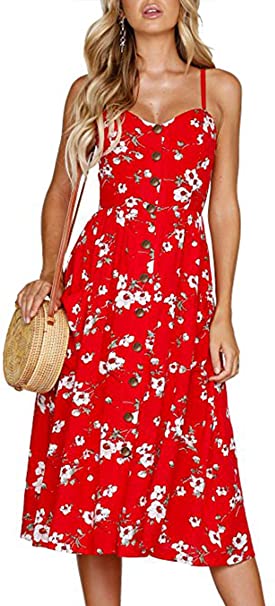 Angashion Women's Dresses-Summer Floral Bohemian Adjustable Spaghetti Strap Button Down Swing Midi Dress with Pockets