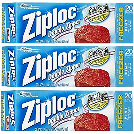 Ziploc Freezer Bag, Pint, 20-Count (Pack of 3)