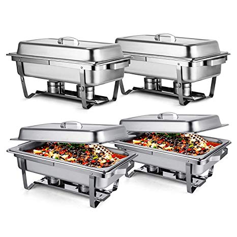 Mophorn Chafing Dish 4 Packs 8 Quart Stainless Steel Chafer Full Size Rectangular Chafers for Catering Buffet Warmer Set with Folding Frame (4 Packs)