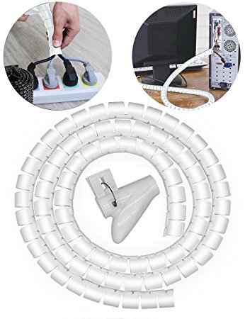 Cable Wires Organizer, Jelanry Coiled Tube Cable Management PC Cinema TV Cables Sleeve with Cord Organizer Clip Hide Wires Cover Cables, to Keep Desk Tidy, to Protect Cable from Pet's Bite White