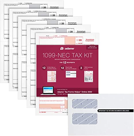 Adams 1099 NEC Forms 2020, Tax Kit for 12 Recipients, 5-Part Laser 1099 Forms, 3 1096, Self Seal Envelopes & Tax Forms Helper Online (TXA12520-NEC), White, 8-1/2 x 11