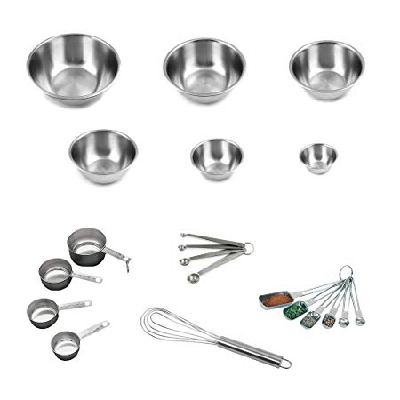 The Culinary Junction Essentials Starter Kit, Stainless Steel, With Set of 6 Mixing Bowls, 4 Measuring Cups, Measuring Spoons, 6 Rectangular Measuring Spoons, and 1 Flat Wire Whisk