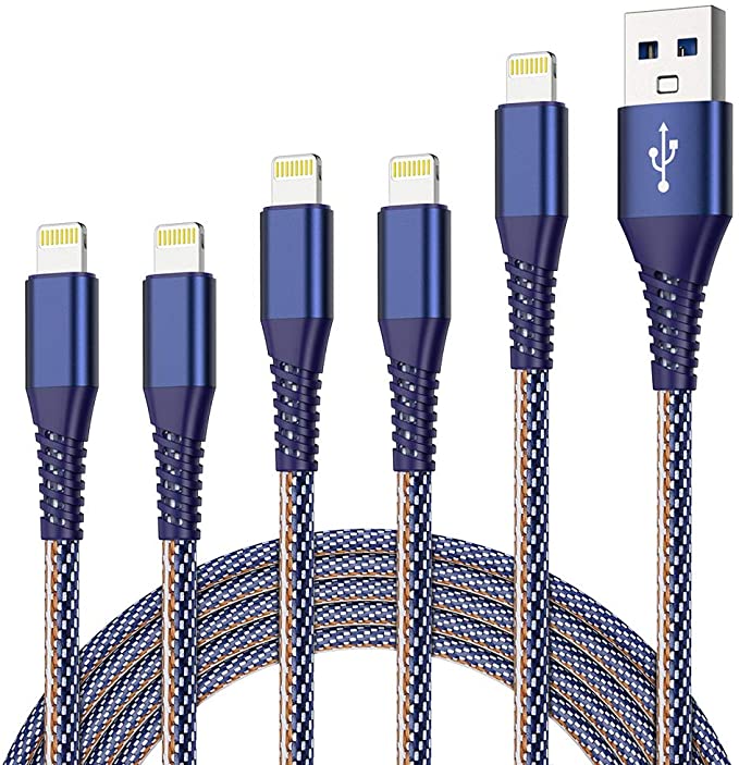 ROCK iPhone Charger, 5 Pack (3/3/6/6/10FT) Lightning Cable MFi Certified Charging Cord USB Syncing Denim Braided Data Compatible with iPhone 12/11/Pro/Xs Max/X/XS/XR/XS Max/8/Plus/7/7 Plus/6/6S/6 Plus