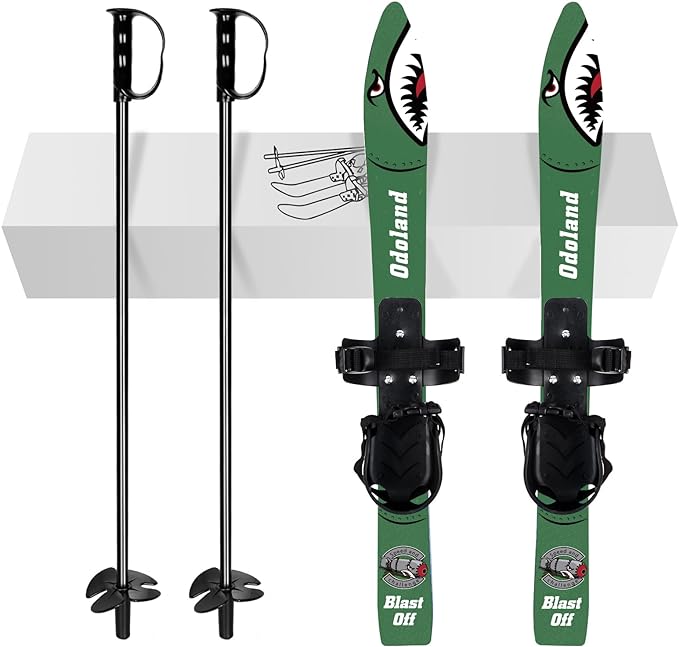 Odoland Kid's Beginner Snow Skis and Poles with Bindings, Low-Resistant Ski Boards for Age 4 and Under, Lightweight Sturdy and Safe Kids Skiing Equipment