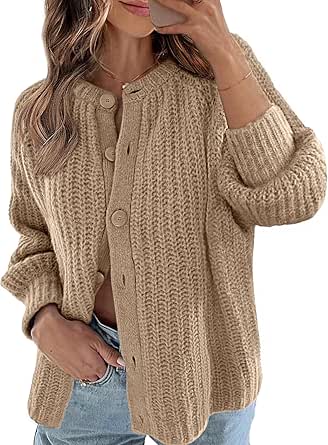 MEROKEETY Women's 2024 Long Sleeve Cardigan Sweater Crew Neck Button Ribbed Open Front Knit Outerwear