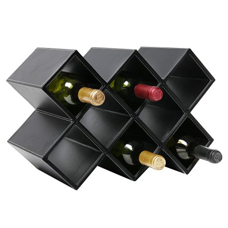 Modern Geometric Freestanding Synthetic Leather Wine Rack / 8-Bottle Storage Organizer, Black - MyGift®