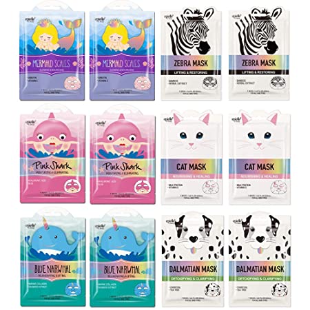 Epielle Character Sheet Masks | Animal Spa Mask |Dalmatian, Zebra, Cat, Shark, Narwhal, Mermaid Scale | Korean Beauty Mask -For All Skin Types, (Pack of 12) | Birthday Party Gift for her kids, Spa Day Party, Girls Night, Spa Night, Beauty Gift