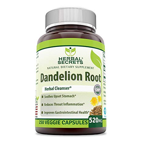 Herbal Secrets Dandelion Root 520 Mg 250 Veggie Capsules (Non-GMO)- Taraxacum Officinale Extract Capsules- Improves Gastrointestinal Health* Reduces Throat Inflammation* Soothes Upset Stomach*