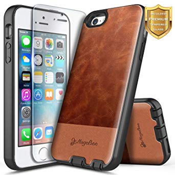 iPhone 5 Case, iPhone 5S, iPhone SE Case w/[Tempered Glass Screen Protector], NageBee Premium [Cowhide Leather] Snap-On Dual Layer Heavy Duty Shockproof Hybrid Defender Rugged Durable Case -Brown