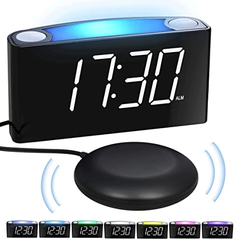 Extra Loud Vibrating Alarm Clock with Bed Shaker for Heavy Sleepers Deaf Hard of Hearing Seniors - 7-Color Night Light, Large Digital Display & Full Dimmer, 2 USB Ports,12/24H DST, Plug in & Battery Backup for Bedrooms Home Desk, Boys Girls Kids