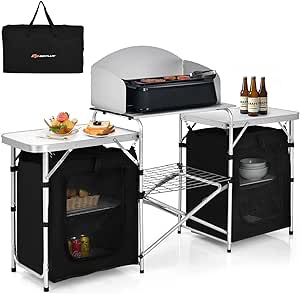 Goplus Folding Camping Kitchen Table with Storage, Aluminum Portable Outdoor Cooking Table with Windscreen, Foldable Camp Table Cook Station for BBQ, Party, Picnics (Black)