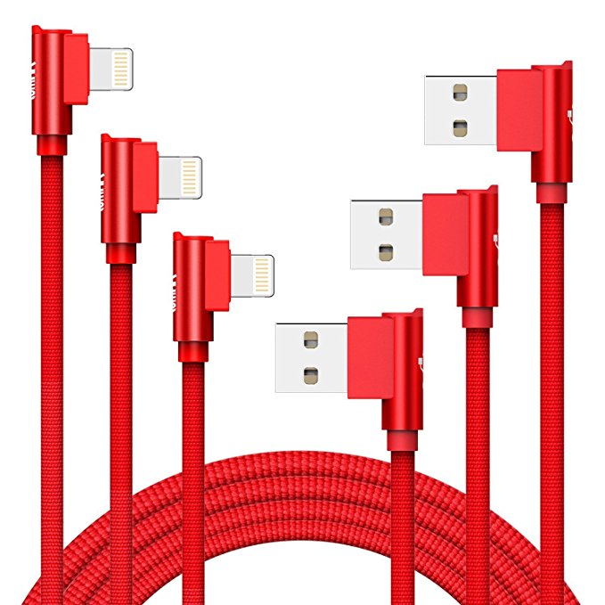 Aimus Right Angle Lightning Cable 3Pack 0.4FT 4FT 6FT Nylon Braided 90 Degree iPhone Charger Bend Cord Lightning to USB Charging Cable for Apple iPhone X/8/7/6/5, iPad and iPod (Red)