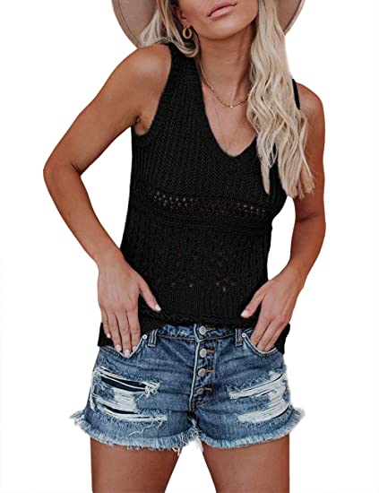 Tutorutor Womens Sexy Sleeveless V Neck Crochet Sweater Vest Casual Loose Fitting Summer Hollow Out Cami Tank Top