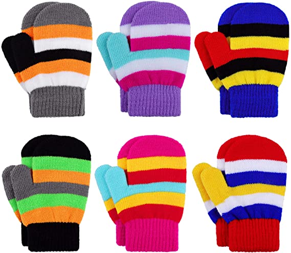 Cooraby 6 Pairs Warm Toddler Mittens Magic Stretch Kids Gloves Striped Mittens for Boys and Girls