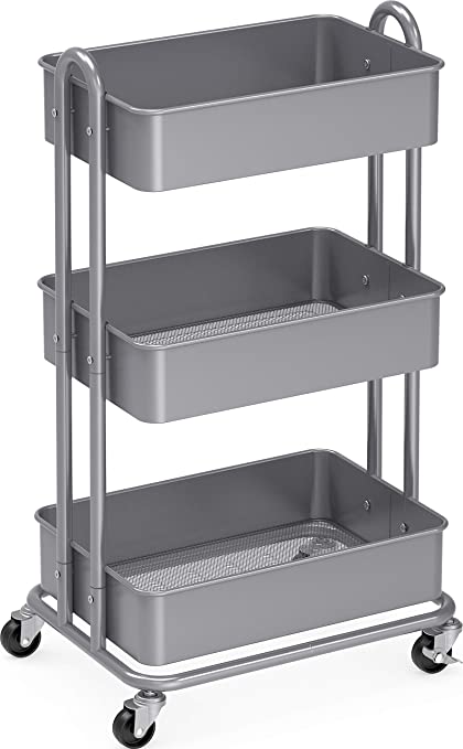 SimpleHouseware Heavy Duty 3-Tier Metal Utility Rolling Cart, Silver