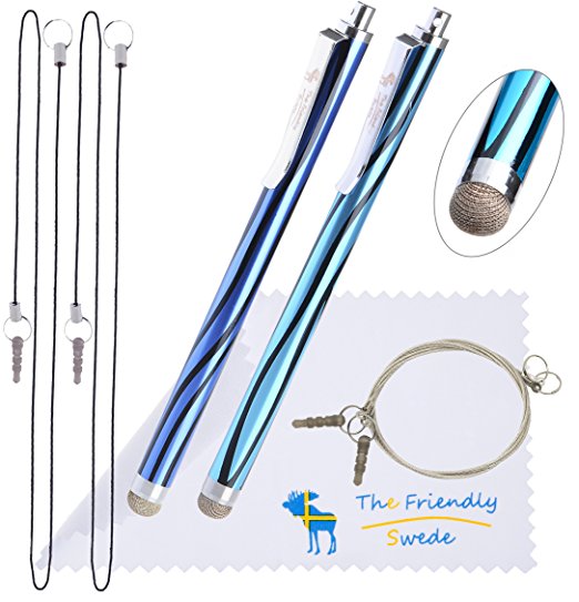 The Friendly Swede Bundle of 2 Micro-Knit Hybrid Fiber Tip Capacitive Stylus Pens 5.2"   4 x 15'' Rubberized Steel and Elastic Tether Lanyards   Cleaning Cloth (Zebra Aqua Blue   Dark Blue)