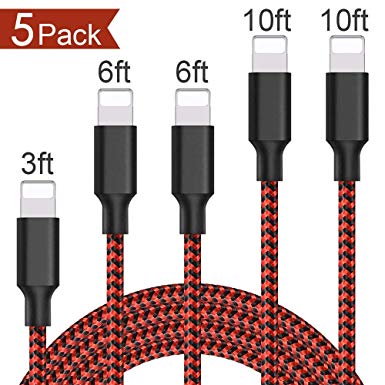 iPhone Charger, Hootech MFi Certified Cables 5Pack 3FT 2x6FT 2x10FT to USB Syncing Data and Nylon Braided Cord Charger for iPhone Xs/Max/XR/X/8/8Plus/7/7Plus/6S/6S Plus/SE/iPad and More - Red