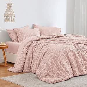 Love's cabin Seersucker Pink Queen Comforter Set 7 Pieces, All Season Bedding Set, Queen Bed in a Bag Comforter Set with Comforter, Flat Sheet, Fitted Sheet, Pillowcase and Pillow Sham