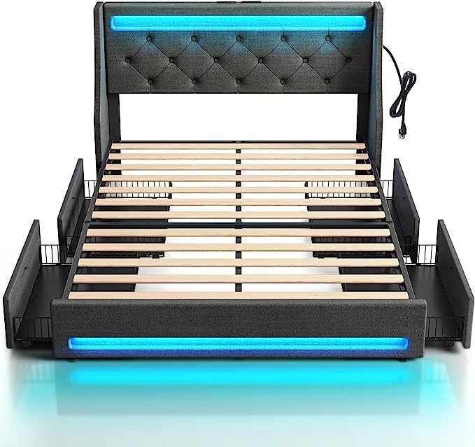 Rolanstar Queen Bed Frame with 4 Storage Drawers, Charging Station and LED Lights, Upholstered Platform Bed with Heavy Duty Wooden Slats, No Box Spring Needed, Noise Free, Easy Assembly