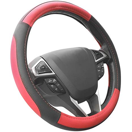 SEG Direct Black and Red Microfiber Leather Auto Car Steering Wheel Cover Universal 15 inch