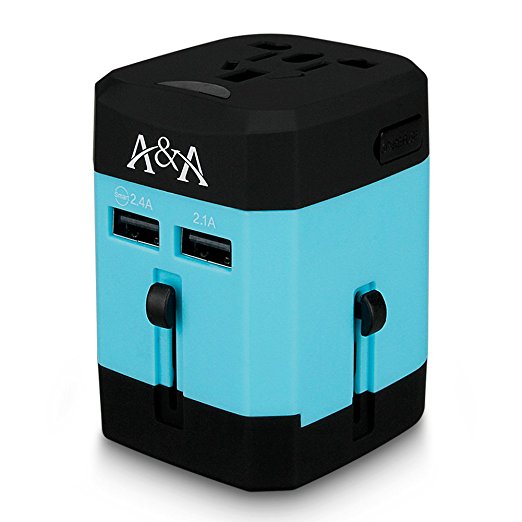 Travel Adapter with Smart Dual Fuse 2 USB Charger International All-in-one US UK EU AU China Upgraded Version Universal Global Converter Blue&Black
