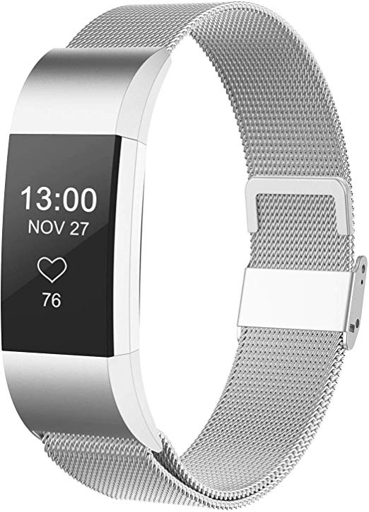 CCnutri Compatible with Fitbit Charge 2 Bands, Stainless Steel Loop Metal Mesh Bracelet for Fitbit Charge 2 Replacement Wristbands for Women Men, Large Small
